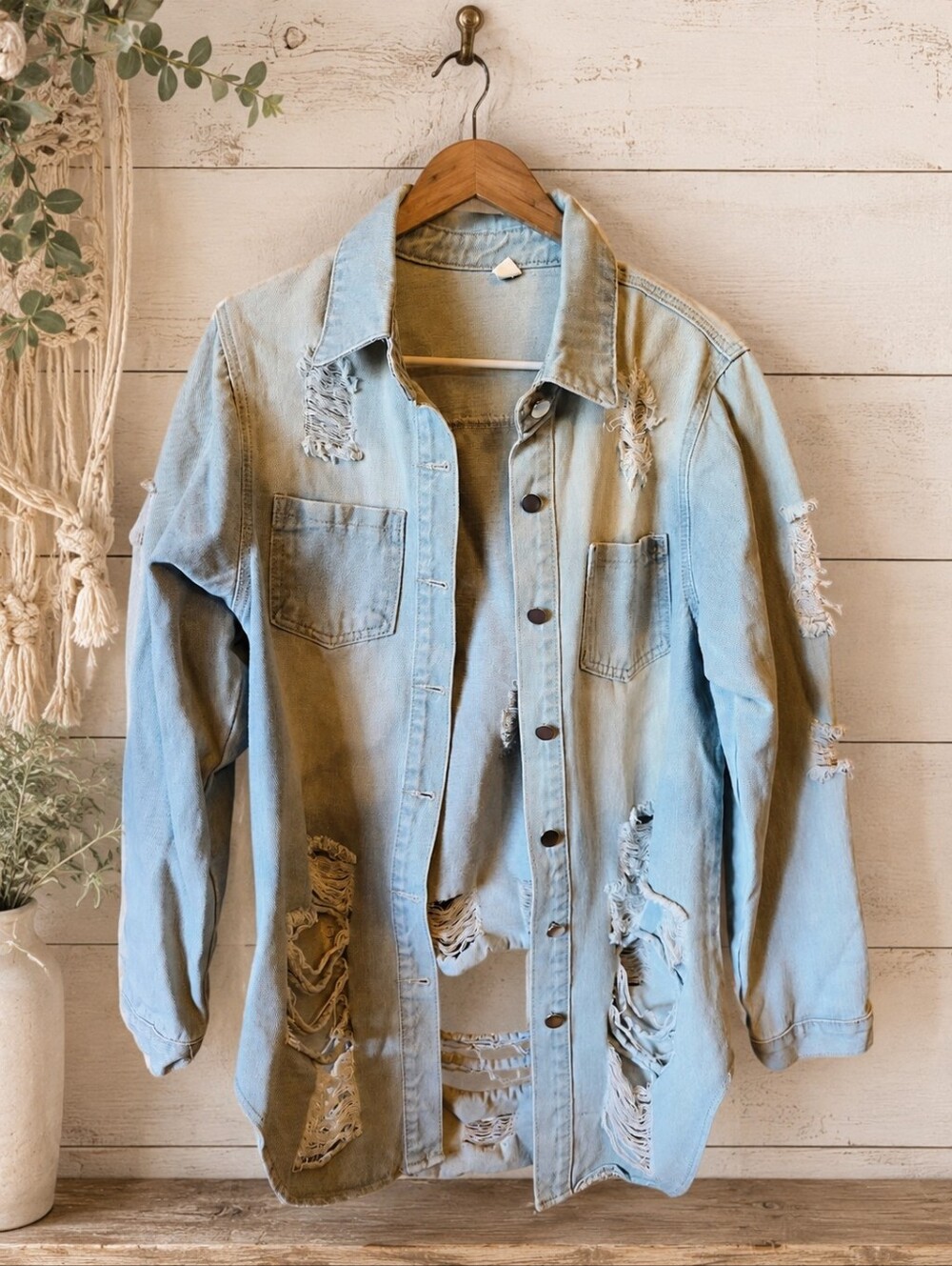 Light Wash Distressed Denim Long Length Layering Shacket